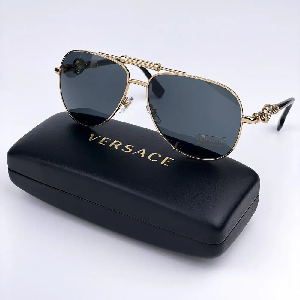 NEW Versace VE2236 100287 Gold Dark Gray Pilot Metal Unisex Sunglasses